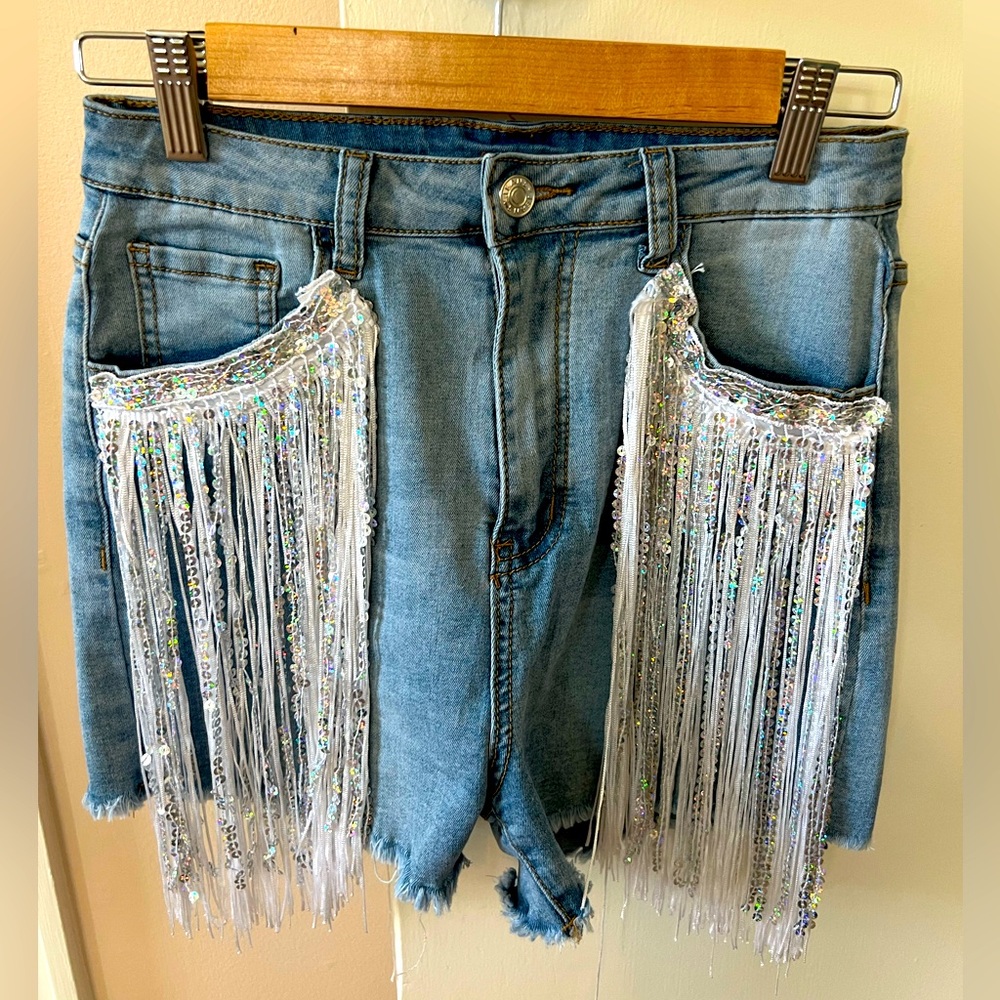 Denim Shorts with Fringe and Sequin Detail - Size M